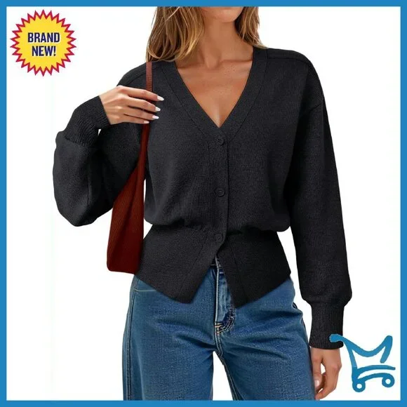 Long Sleeve V-Neck Peplum Cardigan Sweater Open Front Knitted - Picture 1 of 8